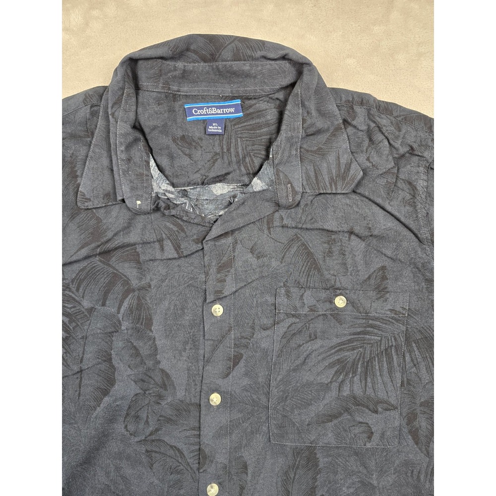 Croft & Barrow Hawaiian Shirt Mens XL Black Tropical Palm Rayon Short Sleeve